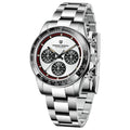 Berjani men's stainless steel chronograph watch with black dial and metal bracelet.
