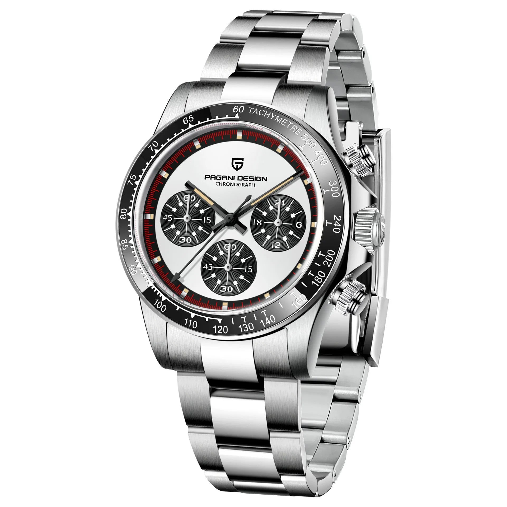 Berjani men's stainless steel chronograph watch with black dial and metal bracelet.