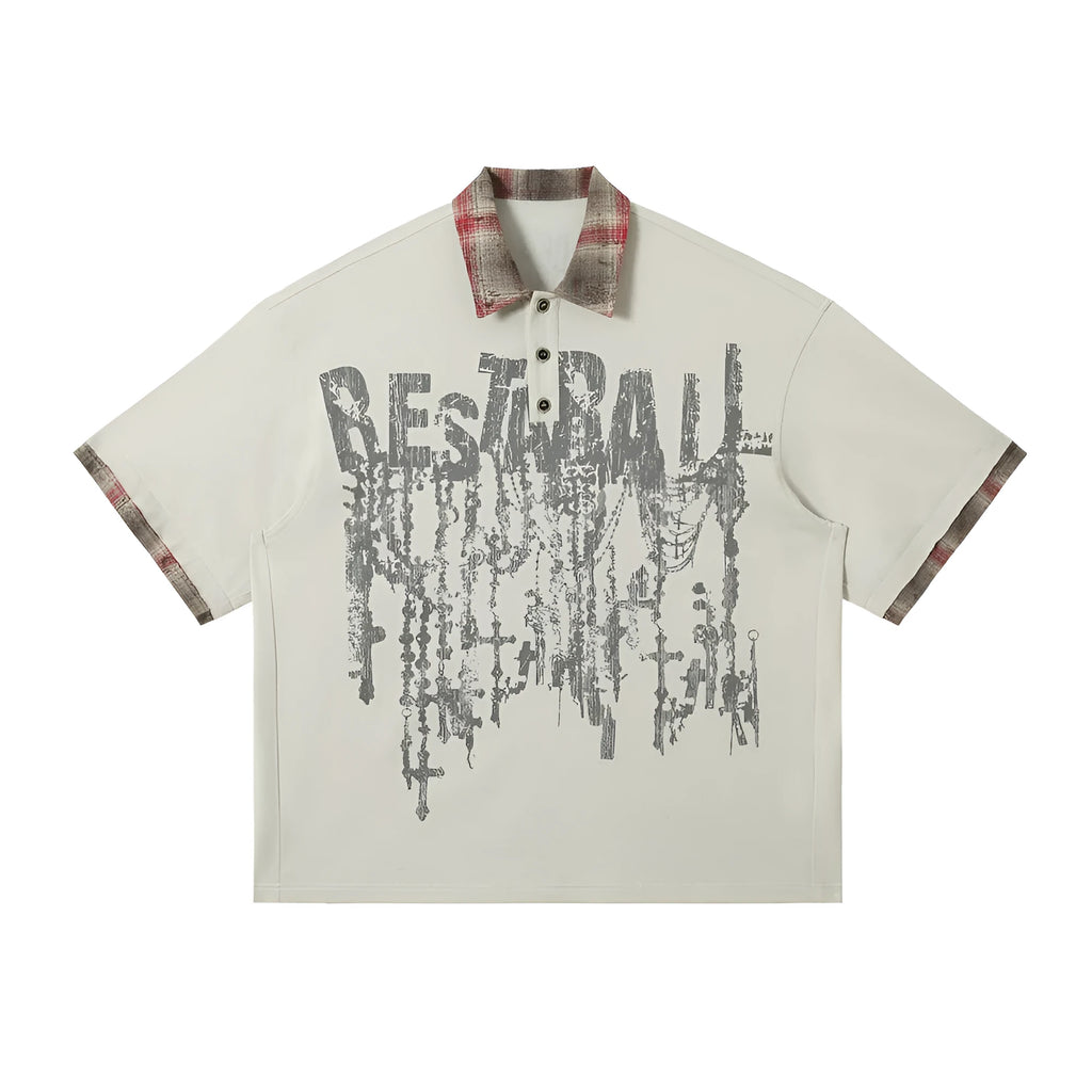 Men's blue graffiti print short-sleeve top with lapel collar, loose street style