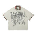 Men's blue graffiti print short-sleeve top with lapel collar, loose street style