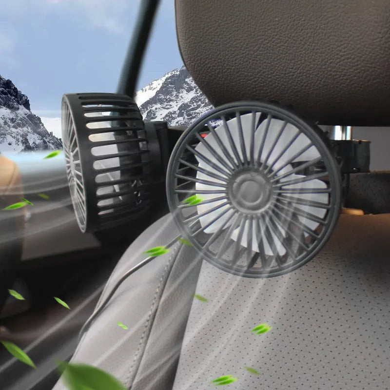 Black car USB rear pillow fan mounted on headrest showing adjustable single head and USB power cable