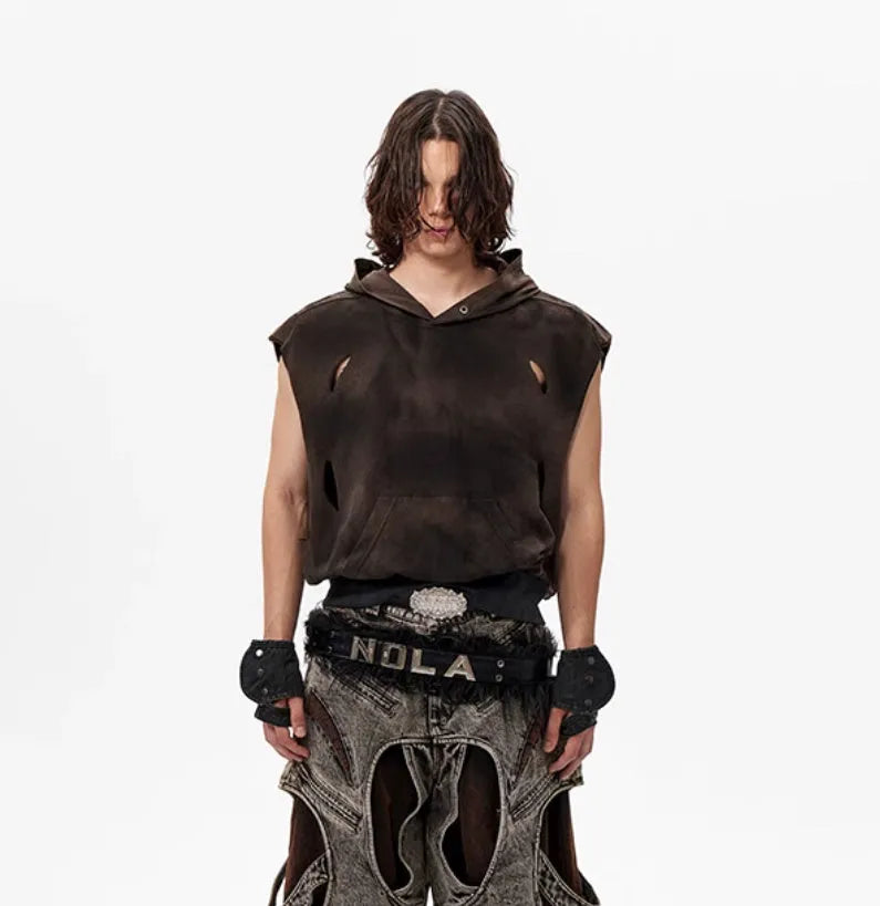 Khaki coloured short-sleeved cotton hood vest for youth, shown on a hanger.