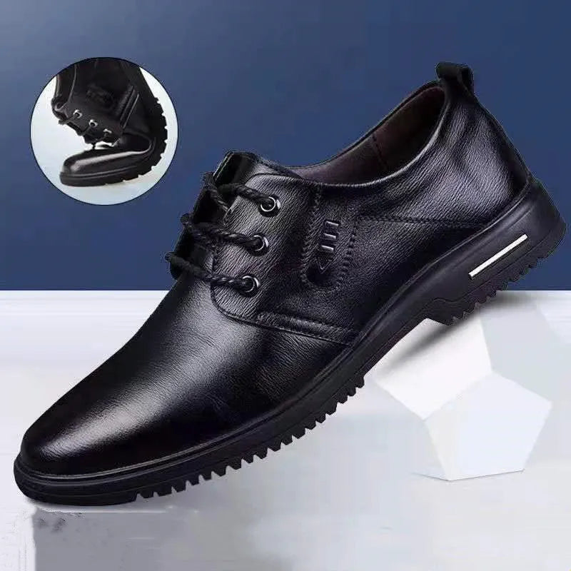 Men's casual leather shoes with cowhide upper, rubber sole, black colour, stitching details