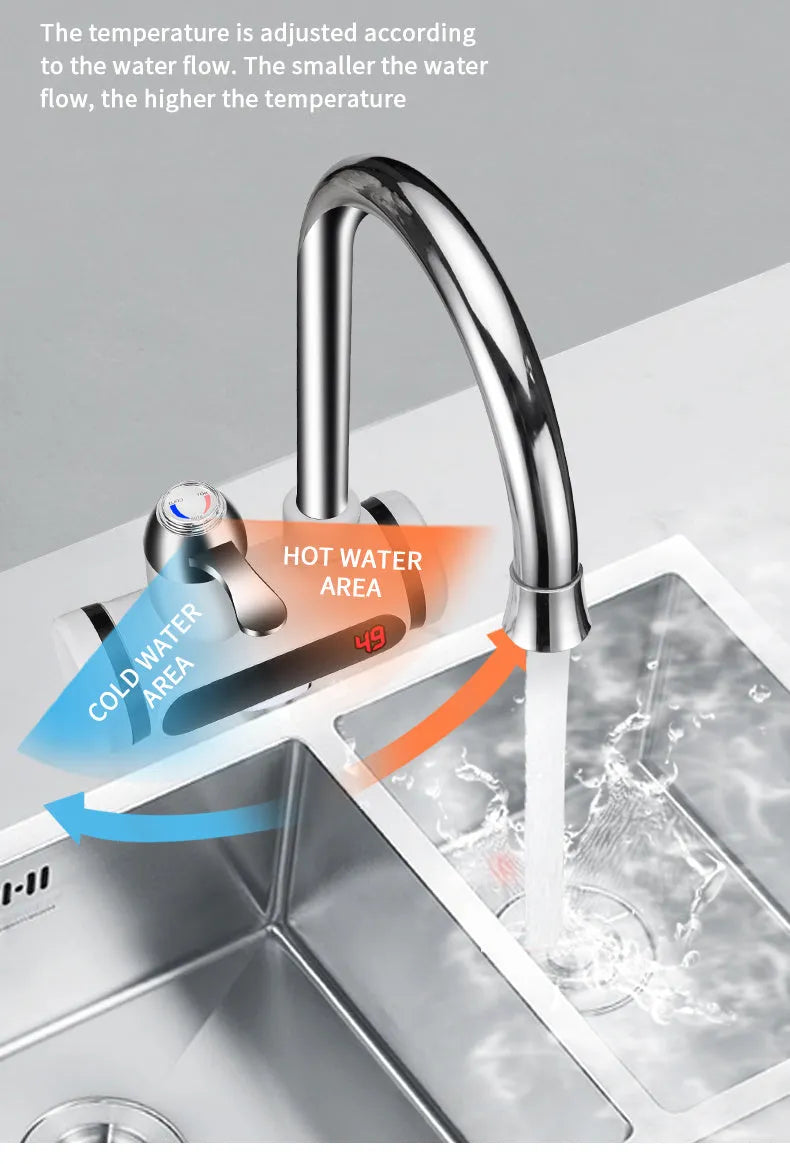 White kitchen electric instant water heater tap with digital temperature display on its front.
