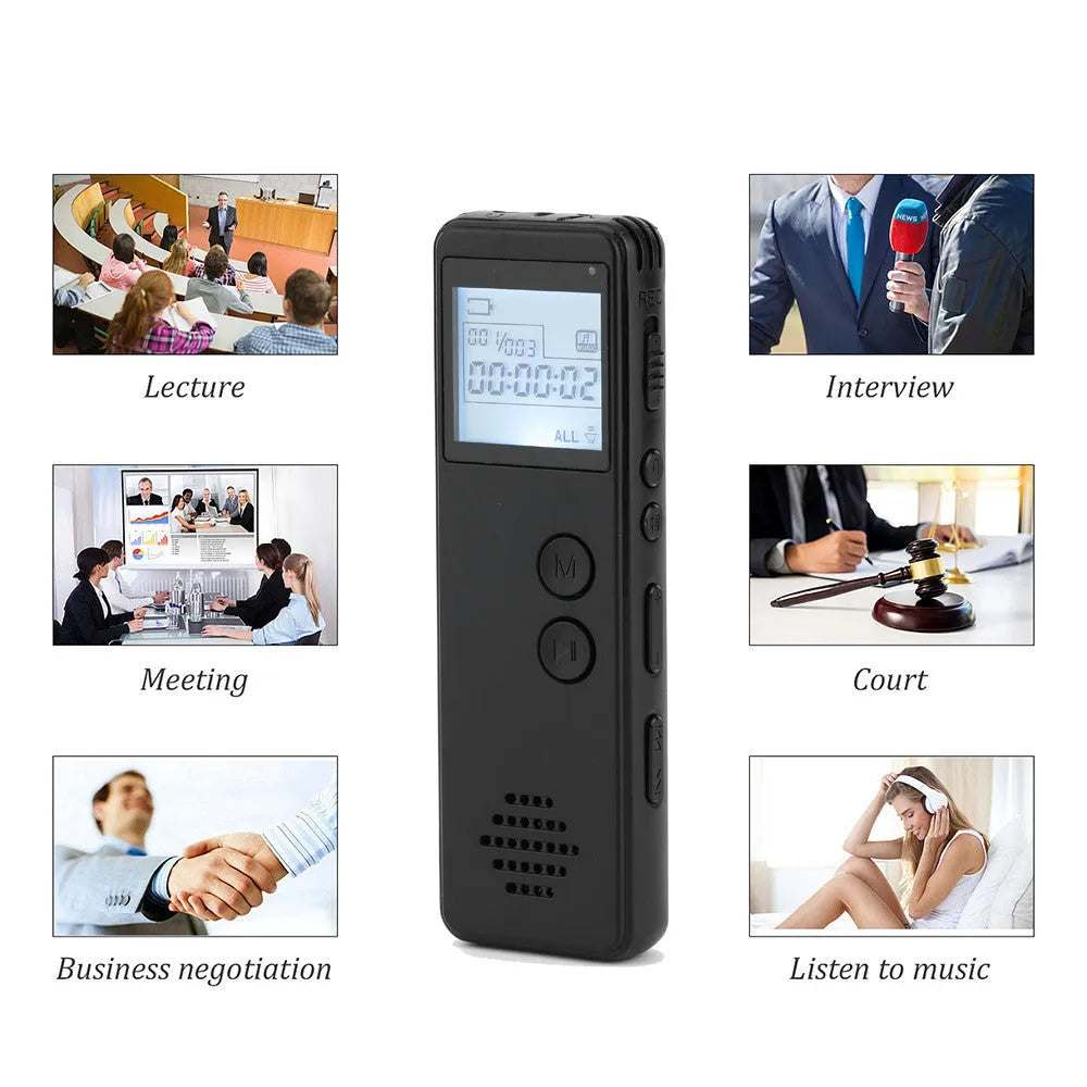 A black, matte-finish digital voice recorder showing a segmented code screen, with dimensions of 88mm by 33mm.