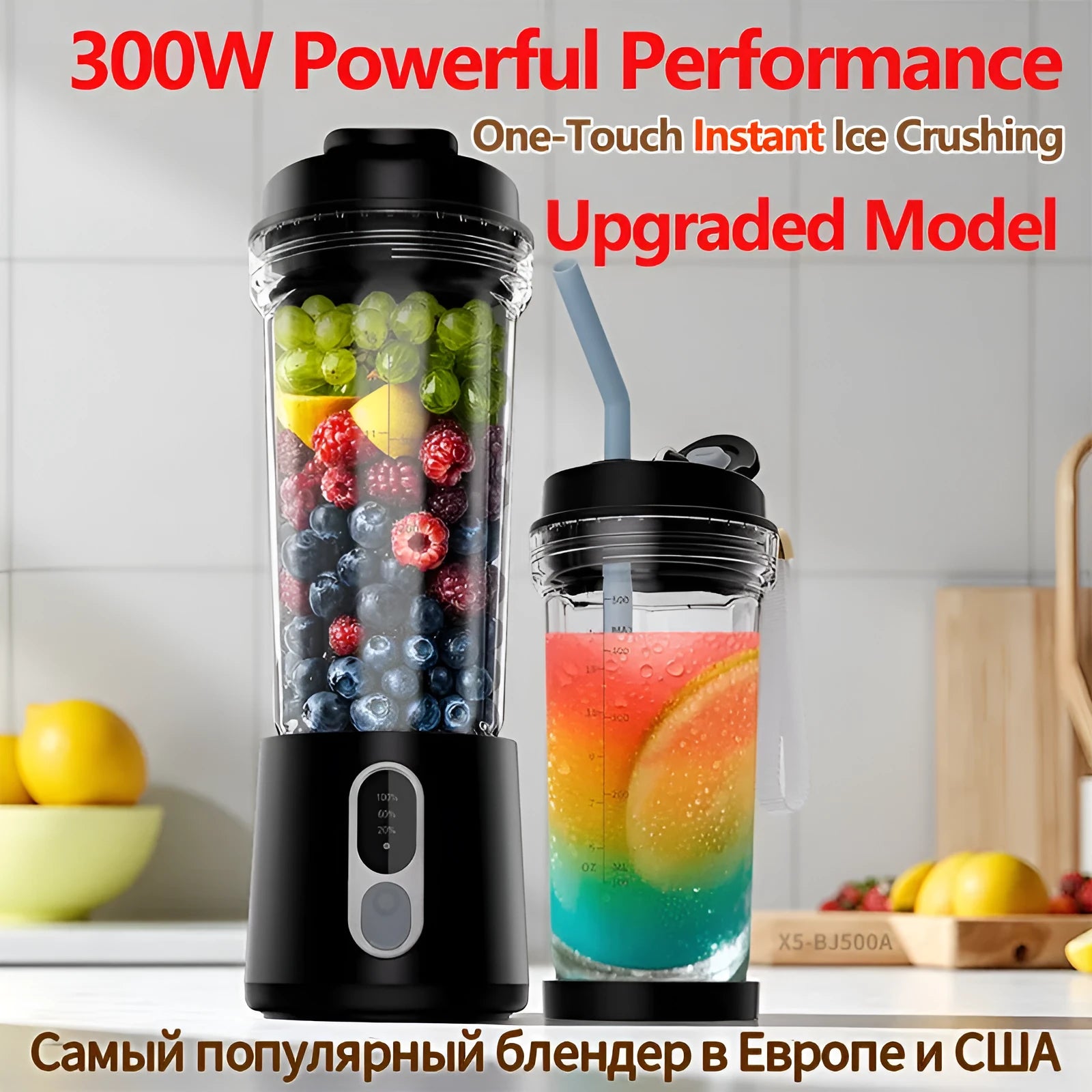 Portable electric juicer cup 500ml with 300W broken wall blender in black, white, gray, rose red, and ocean green