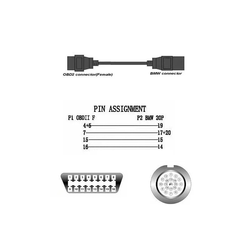 BMW 20-pin male to standard 16-pin OBD2 female diagnostic adapter cable on a workshop bench.