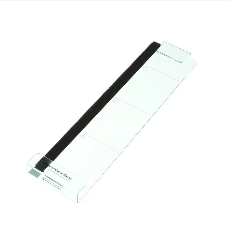 Clear acrylic monitor message memo board with suction mount, showing a post-it note attached, in a modern simple style