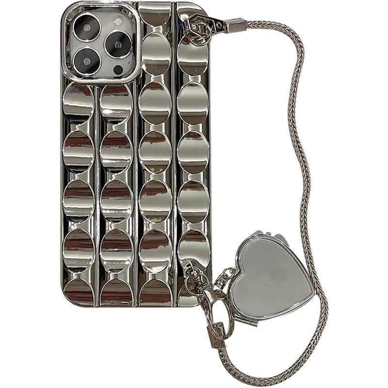 Electroplating silver heart-shaped mirror chain phone case for iPhone with silicone fall protection