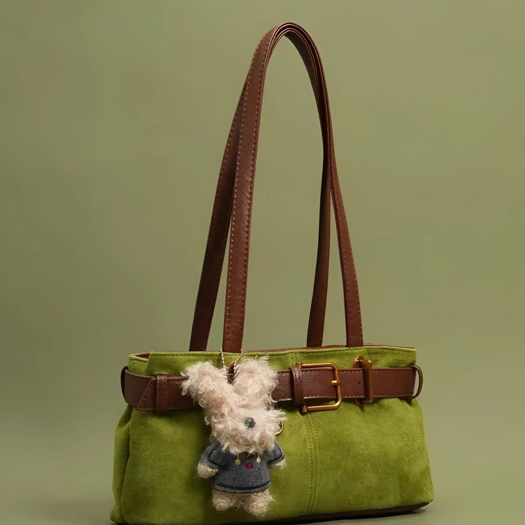 Cotton horizontal square single shoulder tote bag with colour blocking and stitching, available in brown and green