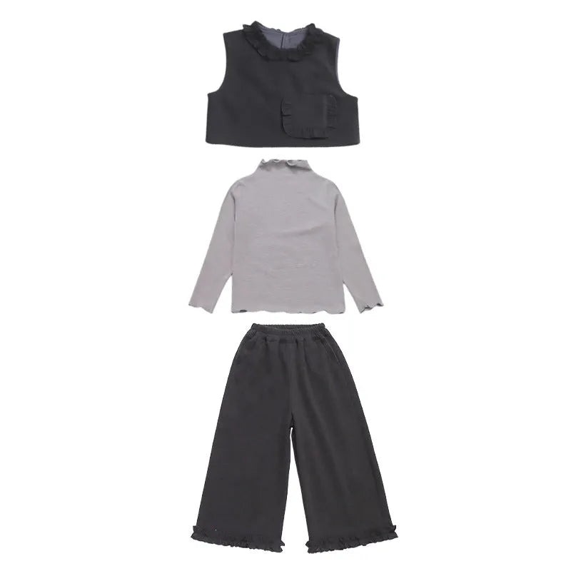 Girls cotton three-piece sports set in gray with long sleeve top, vest, and trousers for autumn