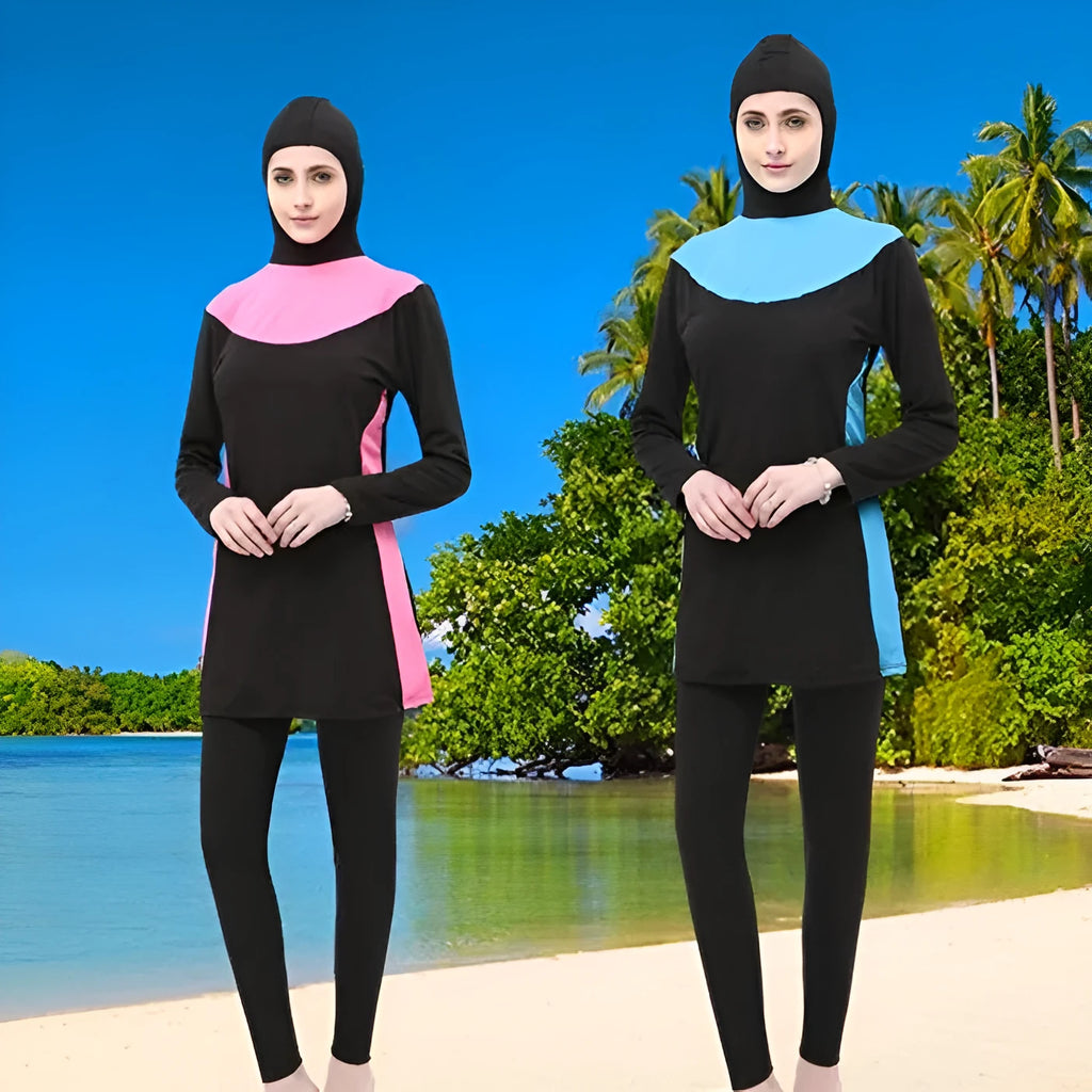 Conservative black women's swimsuit with long sleeves, a hood, and rose red accents.