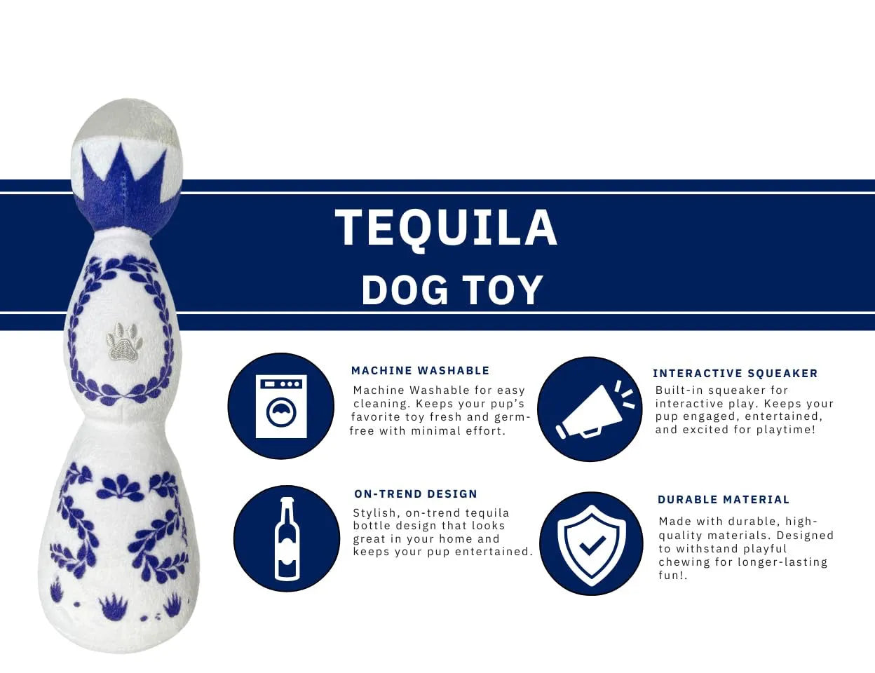Red and white tequila bottle plush dog toy with squeaker for dogs of all sizes