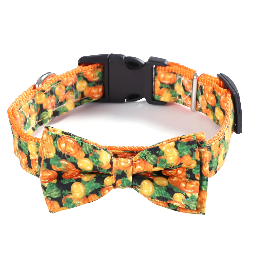Cat collar with geometric pattern in black ghost, yellow pumpkin, and black skull colours, made from polyester, available in sizes XS to L.