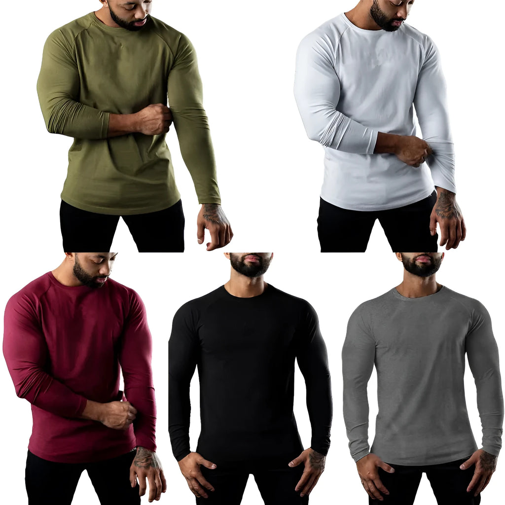 Men's tight-fitting long sleeve cotton sports T-shirt in multiple colours on a size chart.