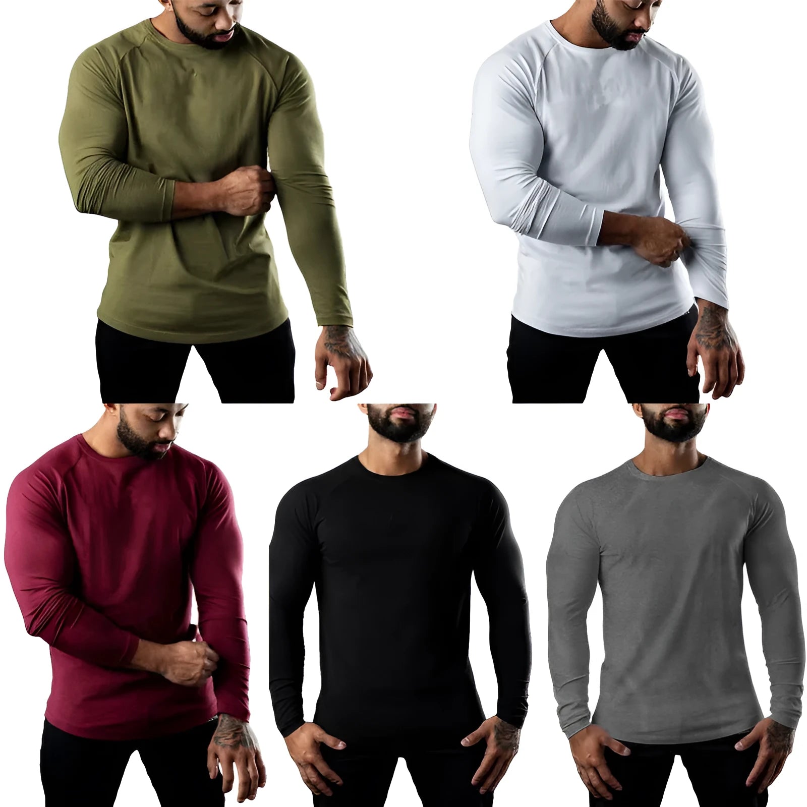 Men's tight-fitting long sleeve cotton sports T-shirt in multiple colours on a size chart.