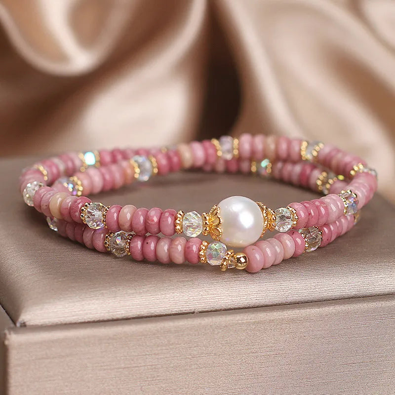 Red hair crystal bracelet for women with chalcedony lotus seedpod pendant and imitation pearl double circle design
