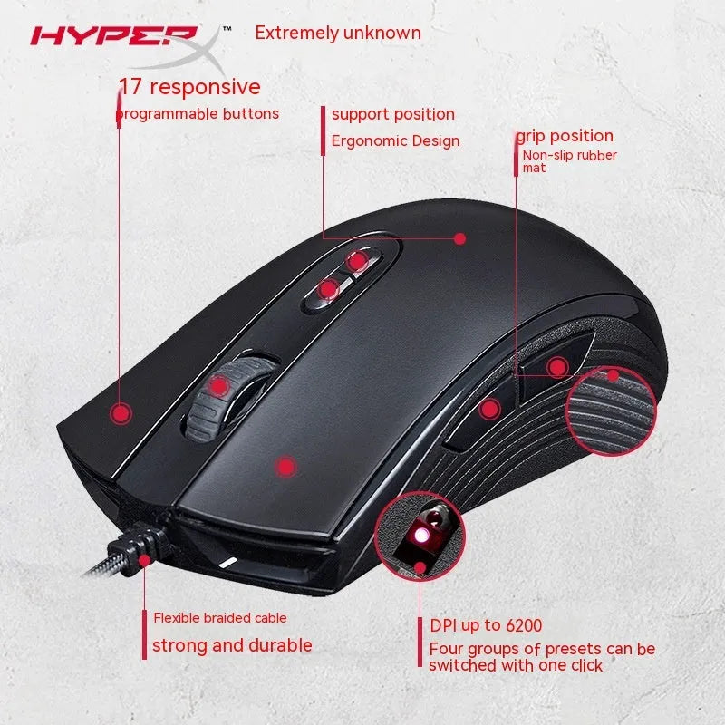 Pulsefirecore RGB wired gaming mouse in black or pink with photoelectric sensor and USB cable