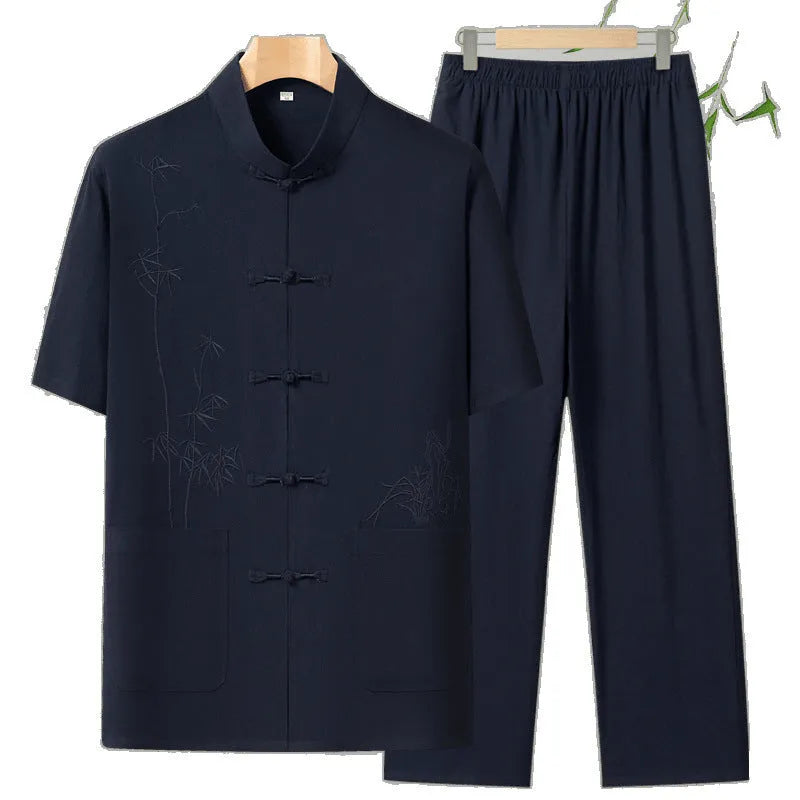 Men's cotton short-sleeved leisure suit for older gentlemen with rabbit fur fabric in multiple colour options