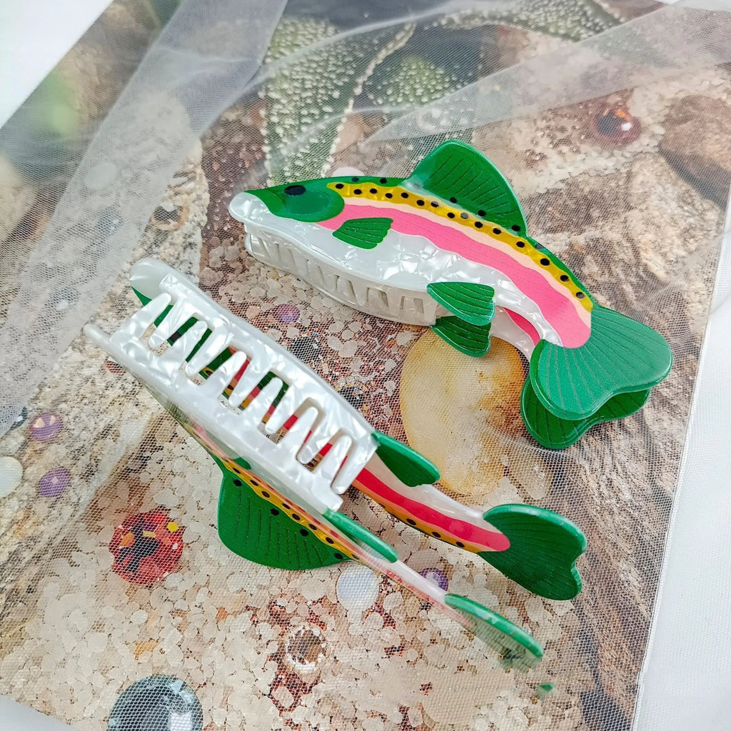Dark green PVC hair clip with rainbow trout fish design inspired by carp elements