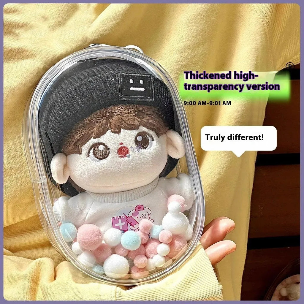 Clear PVC cube storage bag with cartoon keychain for dolls, available in multiple colours and sizes.
