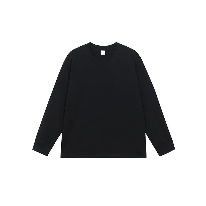 Men's solid colour pure cotton long-sleeved t-shirt shown in loose fit on a hanger.