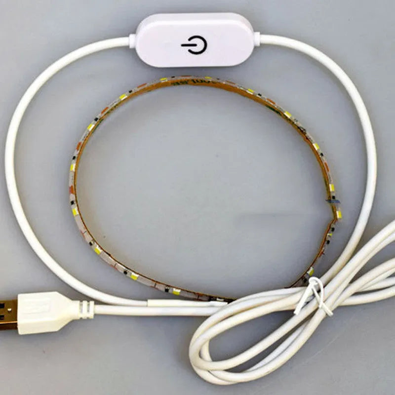 Flexible USB LED light strip with touch control showing positive white and warm white illumination options