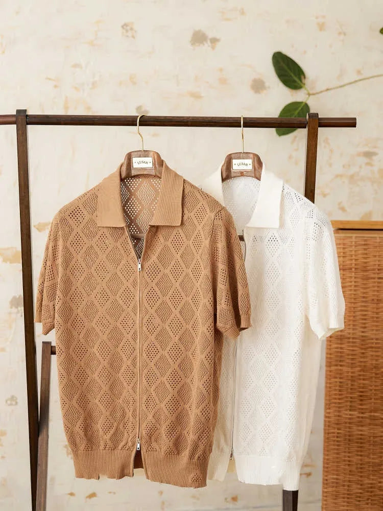 Women's light brown zip-front cotton cardigan with short sleeves and a lapel collar laid flat.