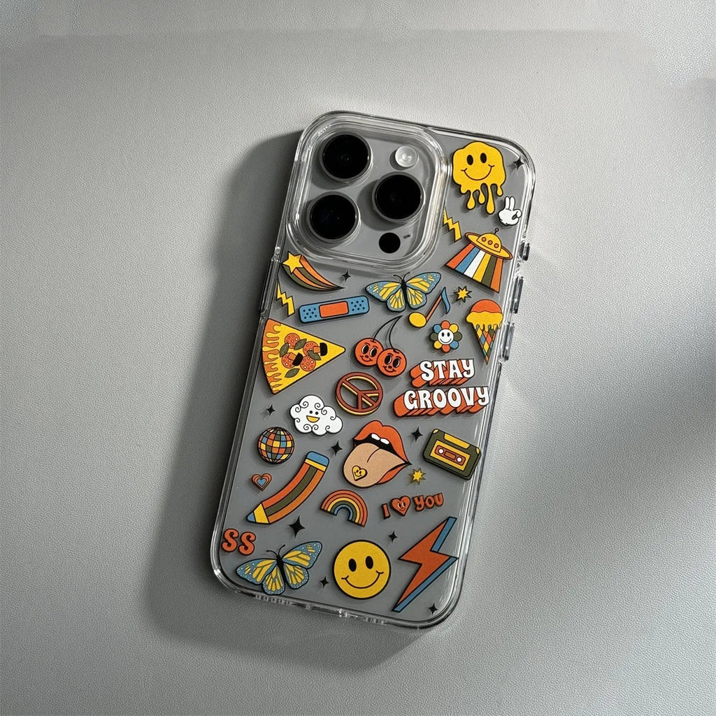 Cartoon transparent PC phone case with anti drop protection for iPhone 15 Pro Max, graffiti style