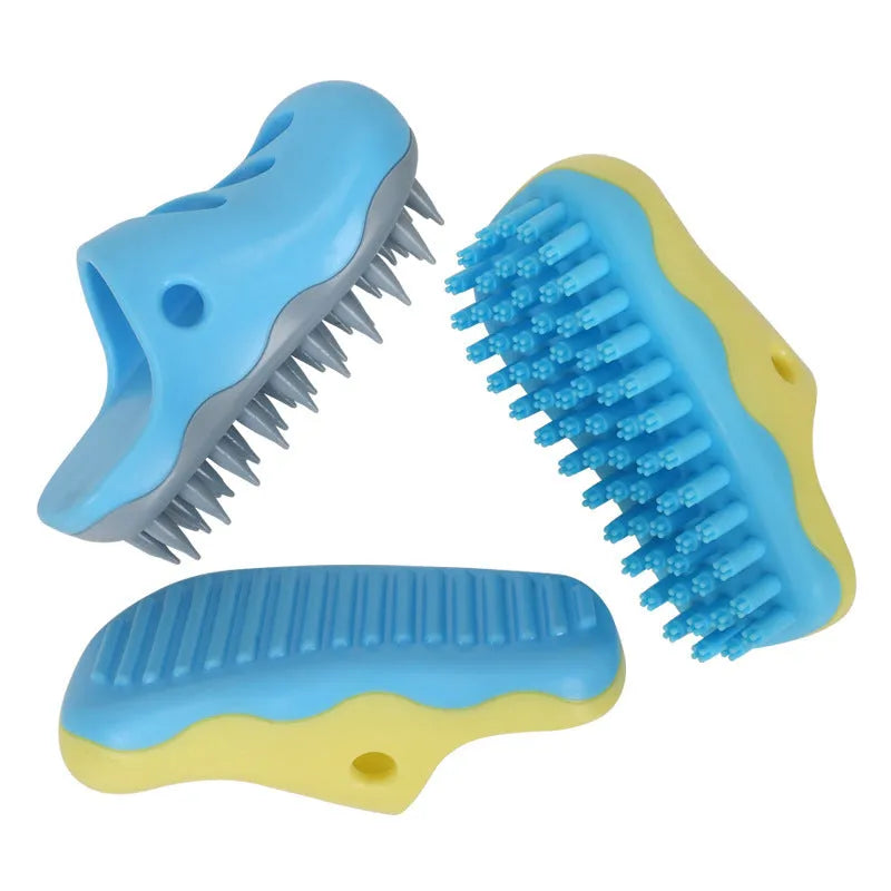 Blue and yellow TPR dog bath massage brush with three head pattern options for pet grooming