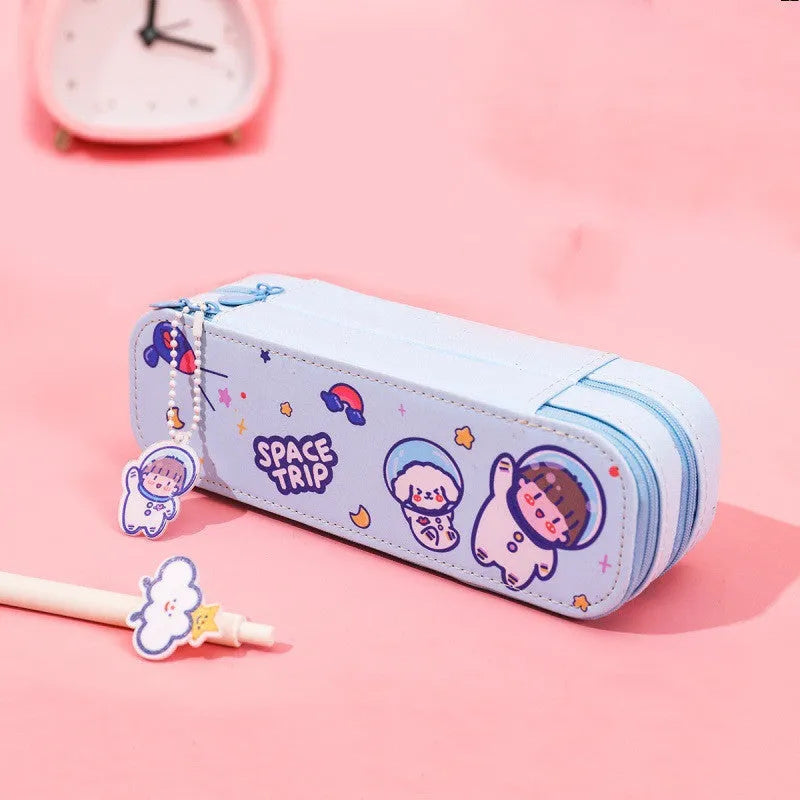 Cute astronaut double-layer PU pencil case in colourful cartoon design with multiple colour options