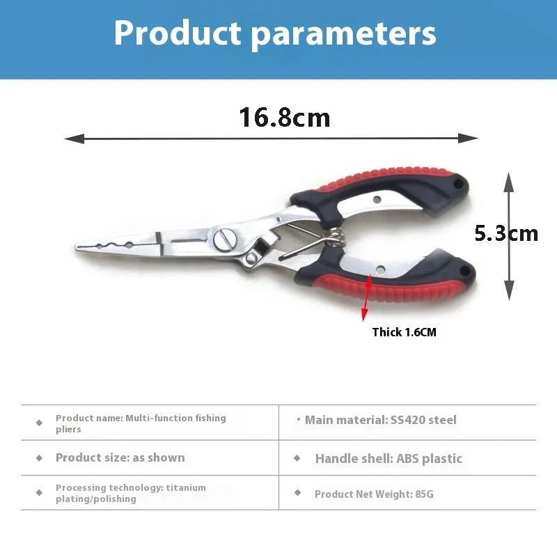Medium-sized steel fishing pliers with coloured plastic handles and a nylon storage bag with strap.