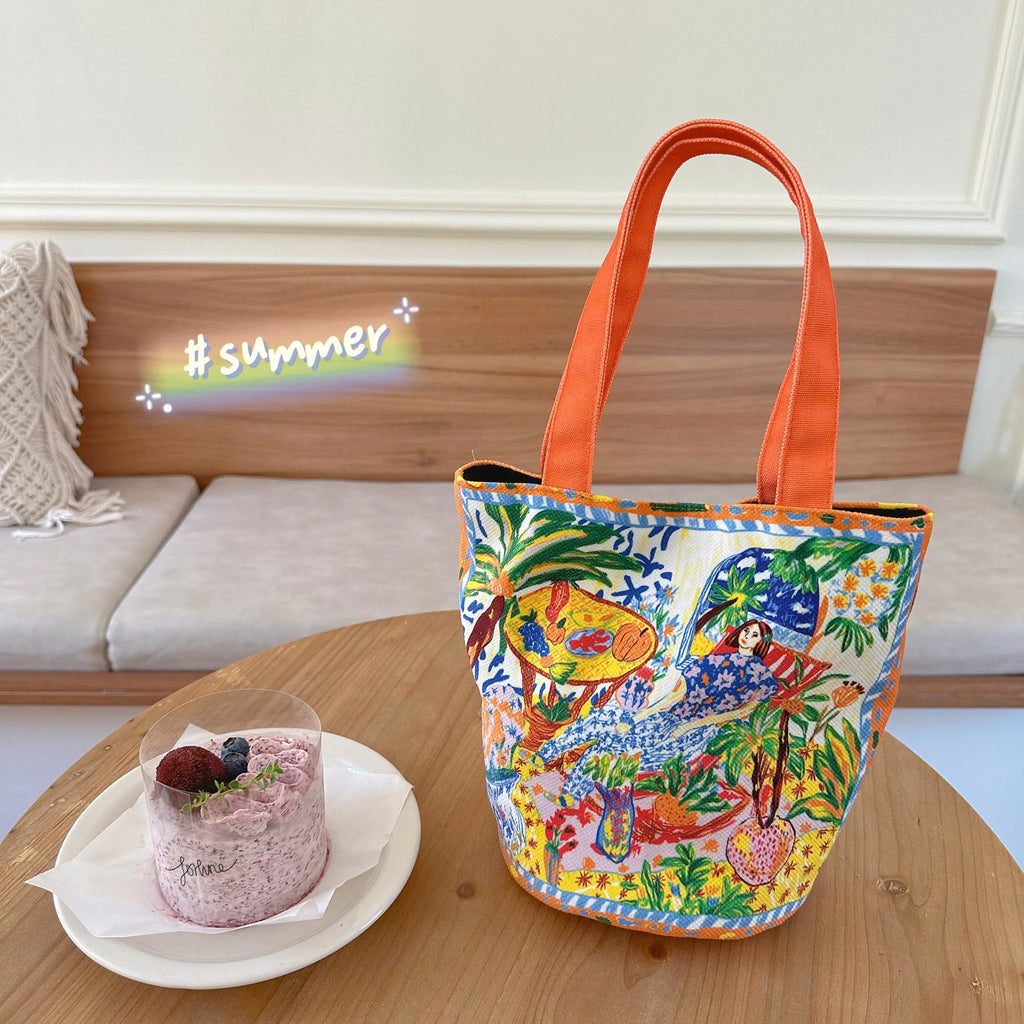 Dream Garden orange plush canvas women's bucket bag with double shoulder straps and printed letter details