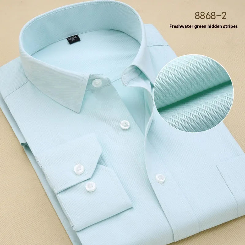 Men's black long sleeve cotton shirt in business slim fit style on a hanger