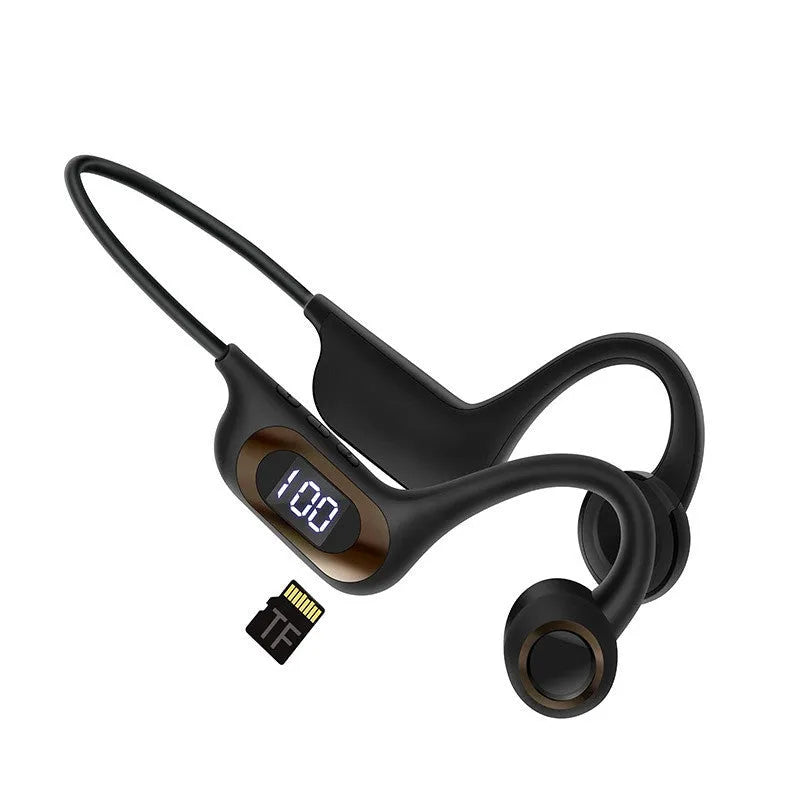 Bone conduction Bluetooth headset in black with plastic build, open ear design, and USB-C charging port