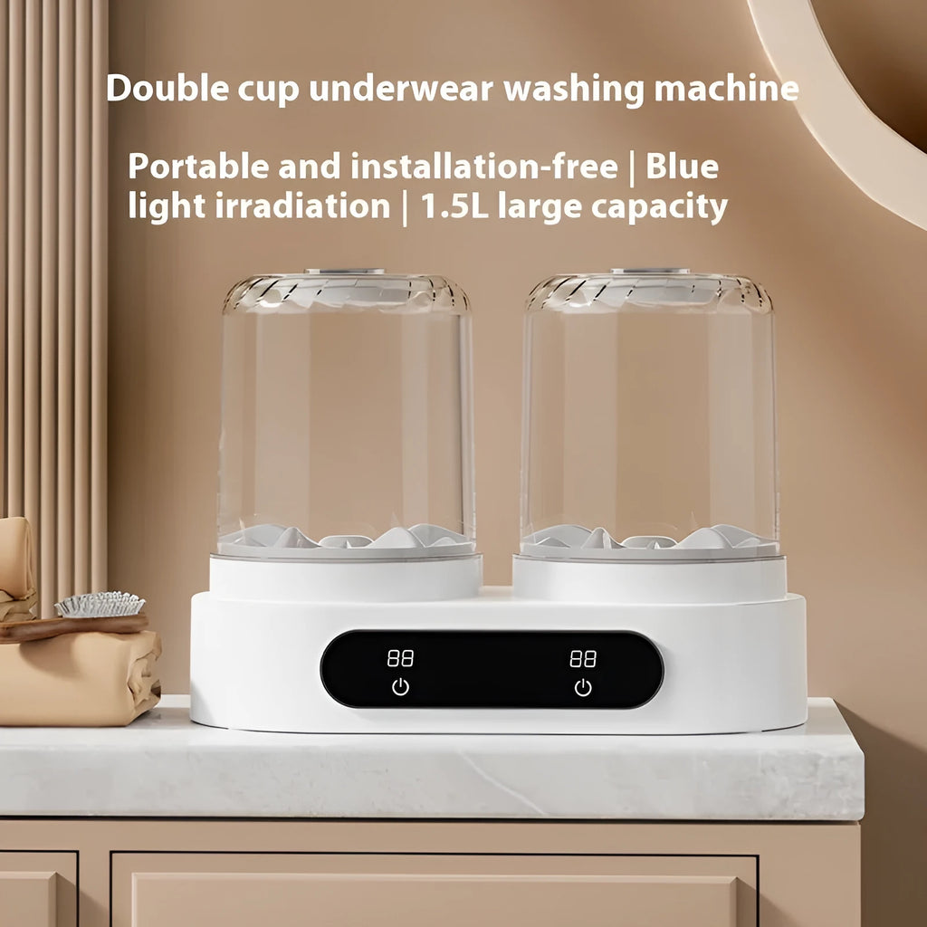 White double bucket USB mini washing machine with two compartments and a mechanical timer on a white background.