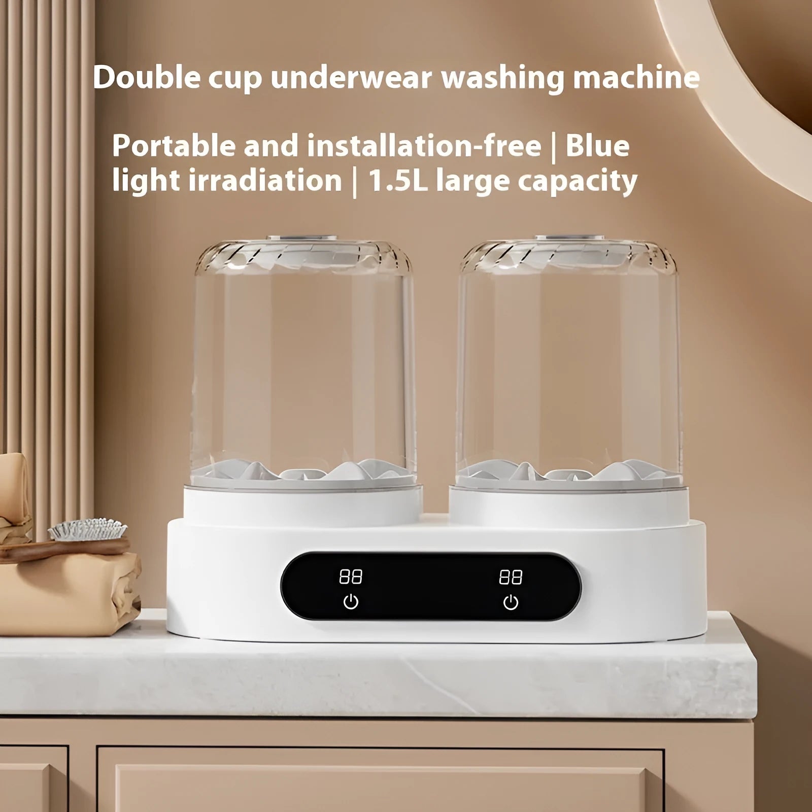 White double bucket USB mini washing machine with two compartments and a mechanical timer on a white background.