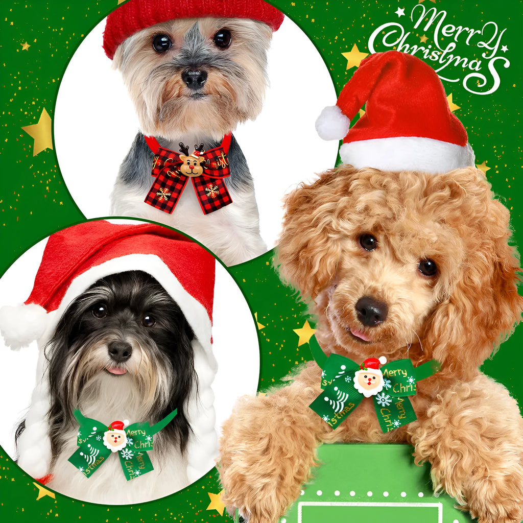 Christmas pet bow tie accessories for dogs and cats in red and green patterns