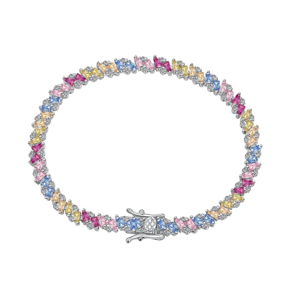 Silver zircon bracelet for women with geometric circle triangle hexagon octagon quadrangle shapes 16cm length