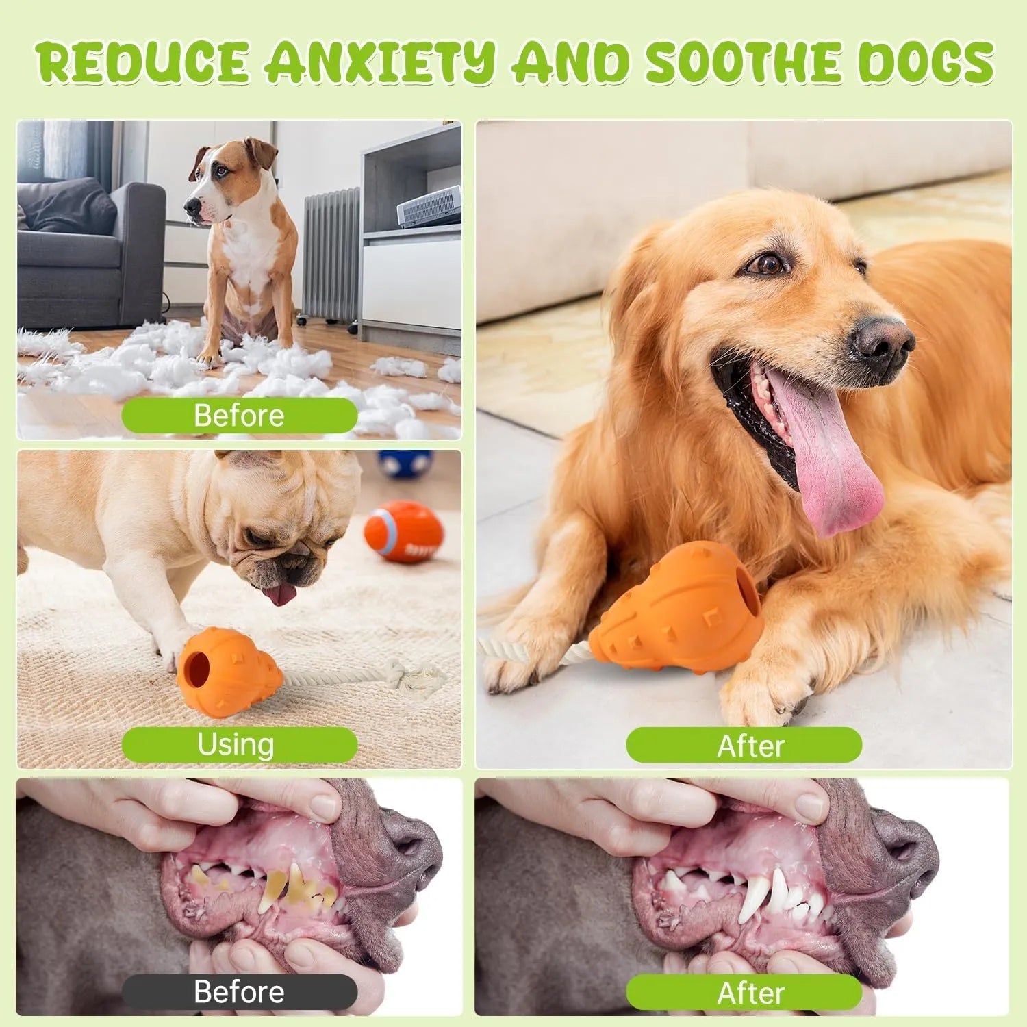 Natural rubber stuffable dog toy with long strap for fetch and treat dispensing