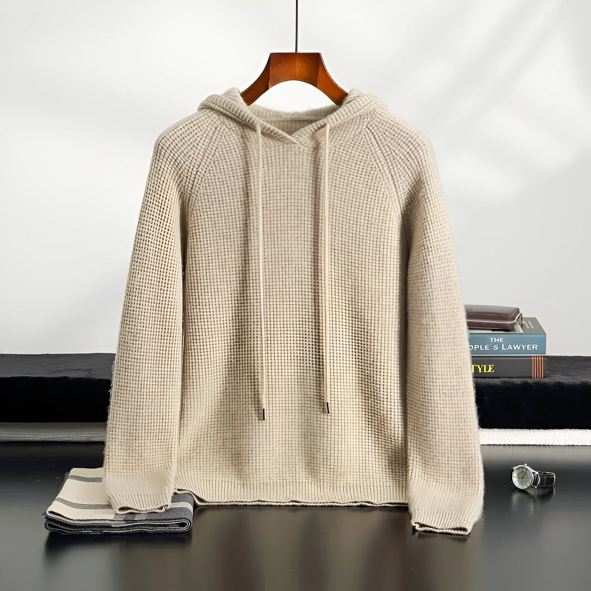 Hooded cashmere sweater in camel, grey-green or navy blue, loose thickened winter pullover with long sleeves, sizes S to XXXL.