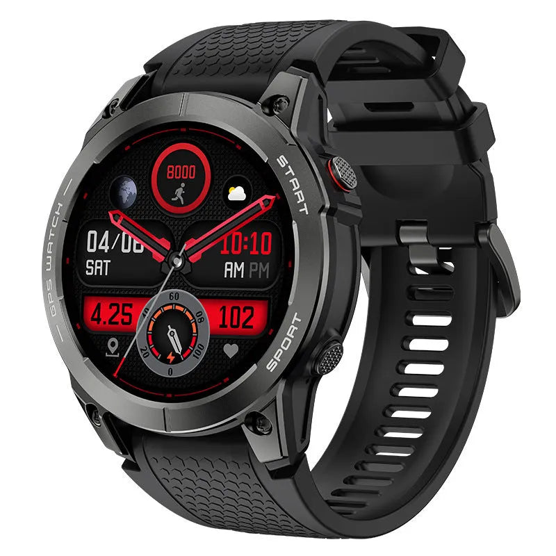 S53 Outdoor GPS Sports Call Smart Watch in black or orange with 1.43-inch IPS screen and silicone wristband