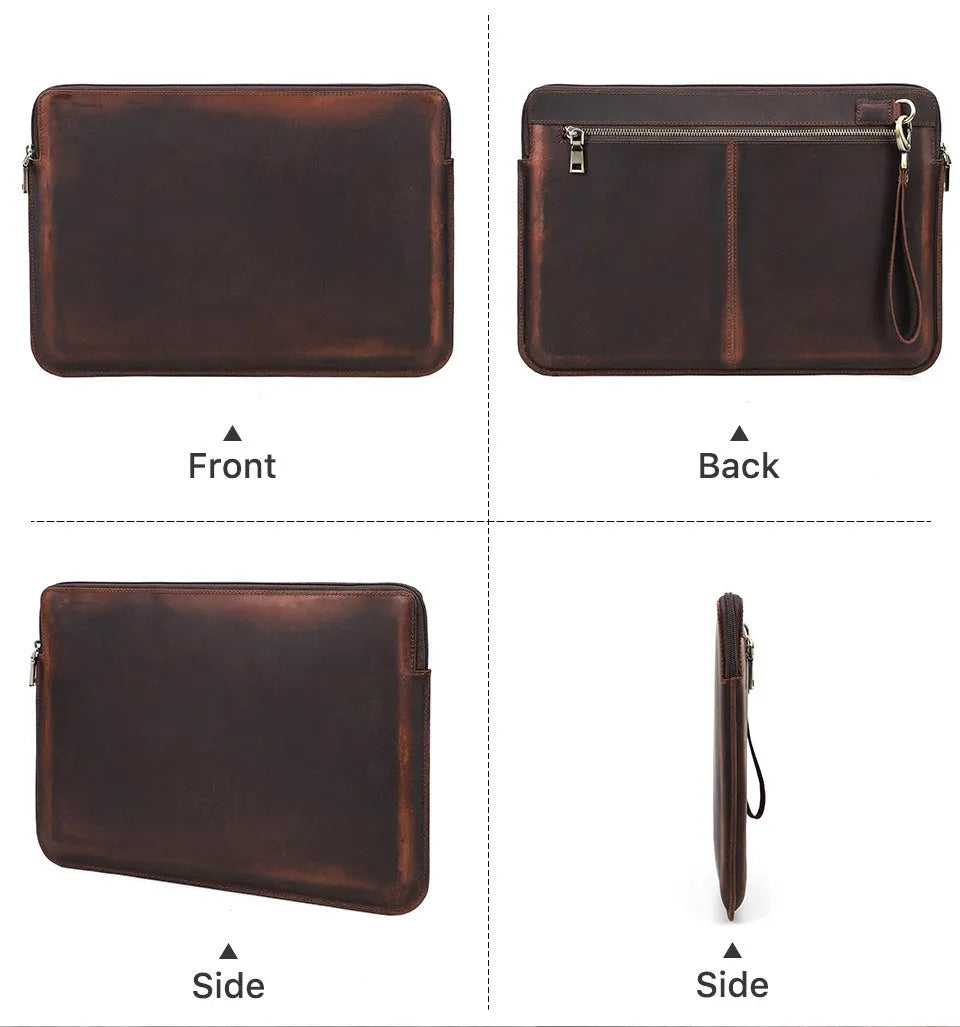 Retro crazy horse leather zipper computer bag for MacBook Pro 15.4/16 in coffee brown