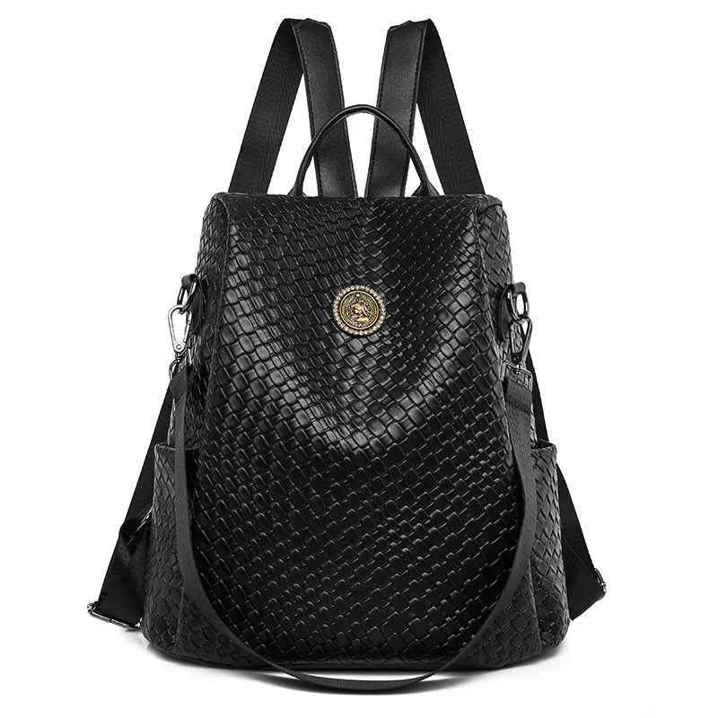 Women's black anti-theft backpack with waterproof PU material and multiple organisational compartments