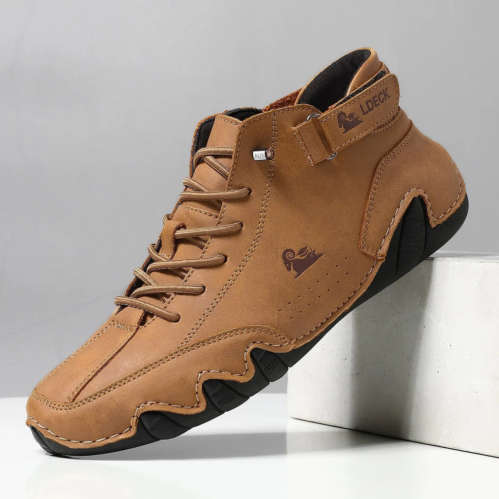 Men's khaki high top octopus shoes with a rubber sole and microfiber upper