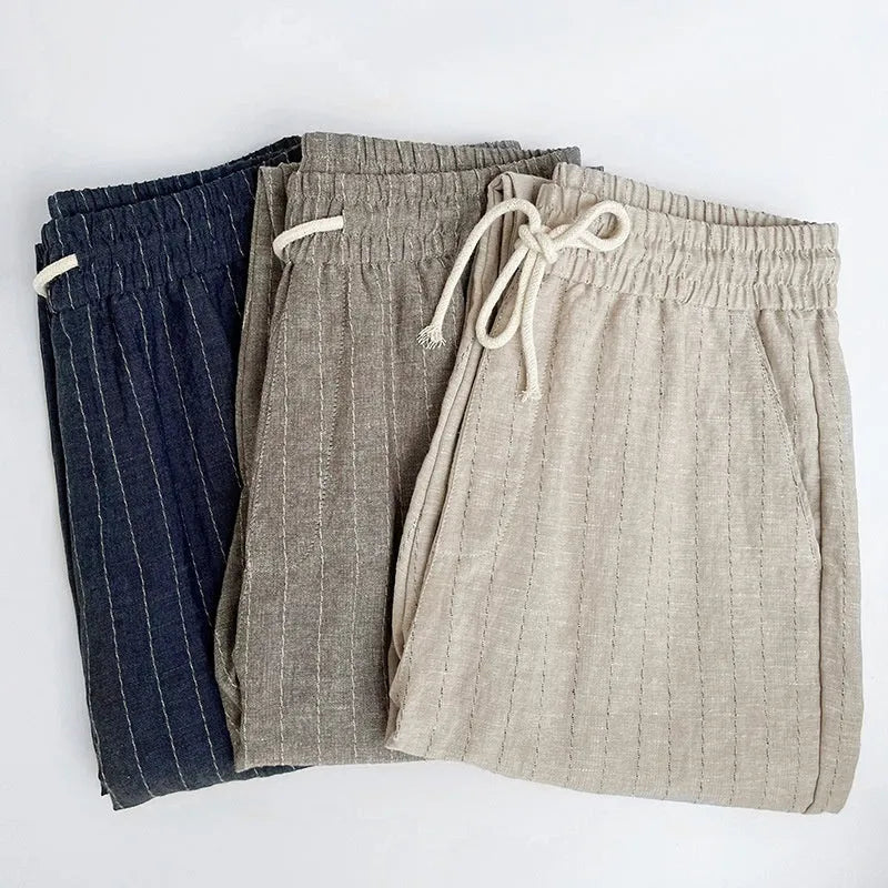Men's cotton and linen casual trousers with cropped length and stripe pattern