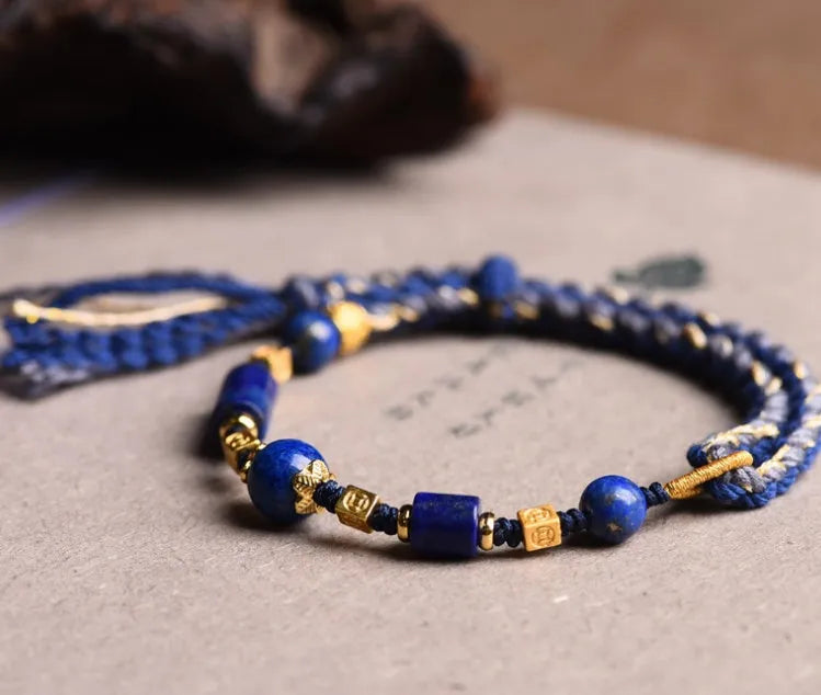Hand-woven flexible wire watch band in ethnic style, showing Lapis Lazuli and Hongfei Ebony colour options.