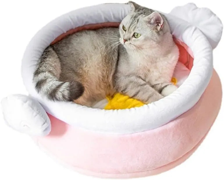 Pink honey pot shaped cat sofa bed with soft fleece and a removable cushion for small pets.