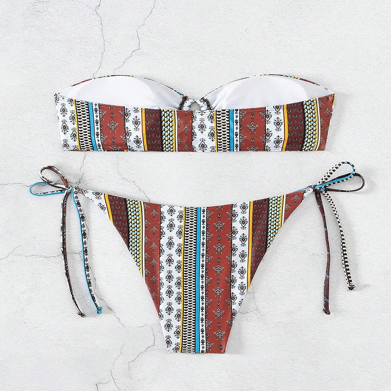 Women's printed lace-up split swimsuit in mixed colours