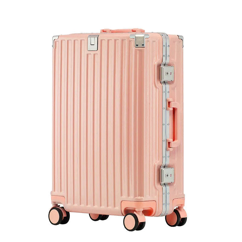 Hard shell aluminium frame luggage in avocado green with USB port and universal wheels.